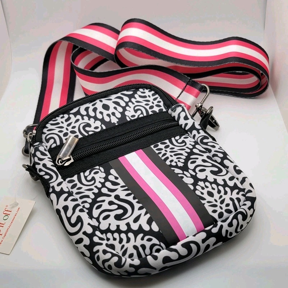 NWT Top It Off Carla Street Neoprene Crossbody Mini Bag Pink Black White Damask